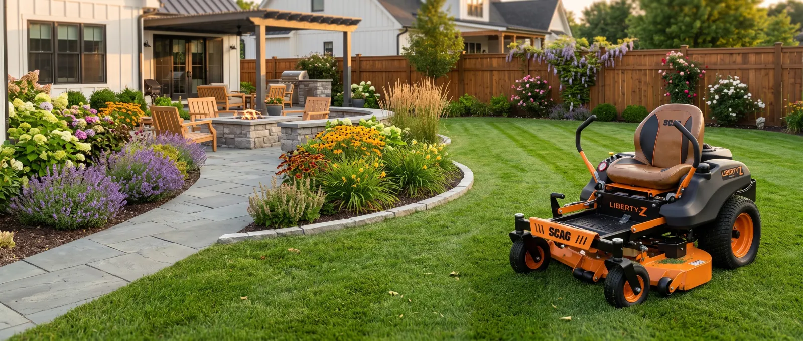 A freshly striped lawn and tidy garden beds, mown with a zero-turn mower