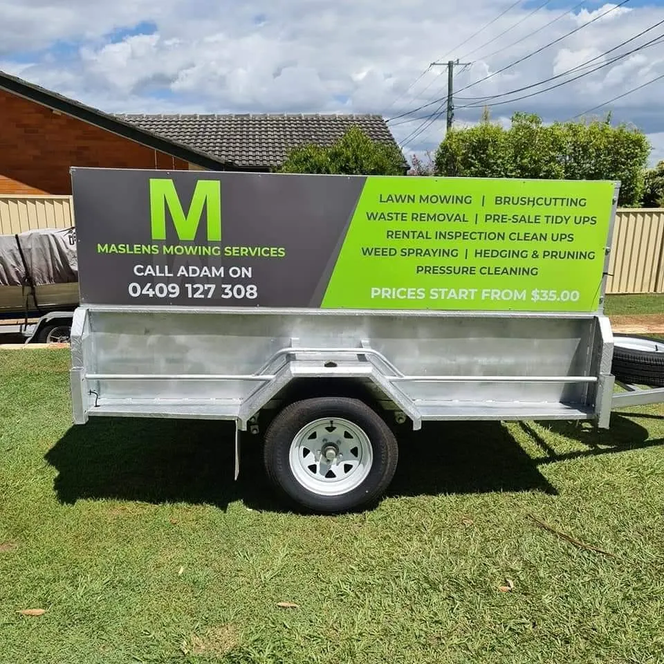 The Maslens Mowing Services trailer — local, owner-run and fully set up